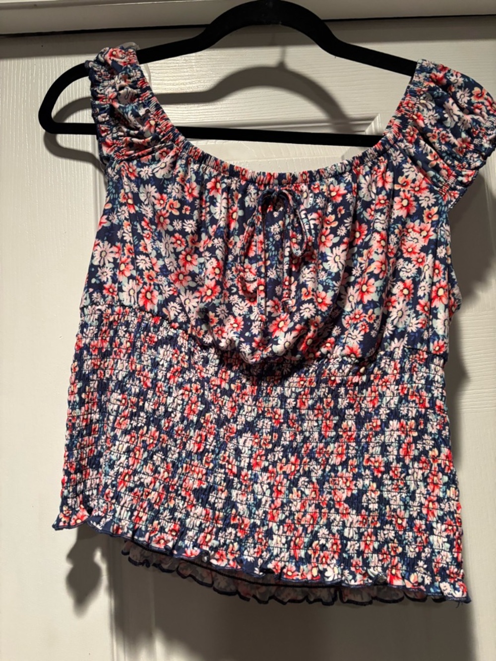 Almost Famous Navy Floral Smocked Off-Shoulder Top with Pink Accents